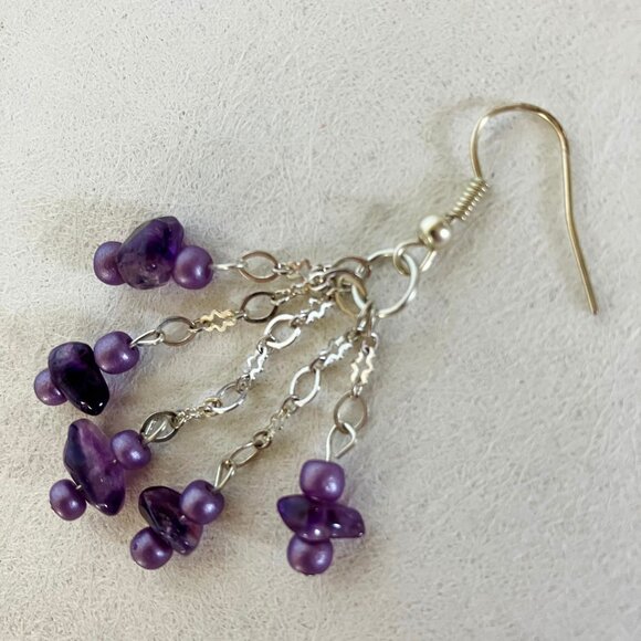 Purple Beaded Earrings Silvertone Metal Chain Handcrafted Unique Dangle New Gift - Picture 6 of 7